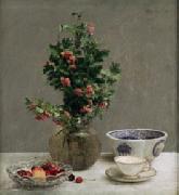 Henri Fantin-Latour Still Life with Vase of Hawthorn, Bowl of Cherries, Japanese Bowl, and Cup and Saucer oil on canvas
